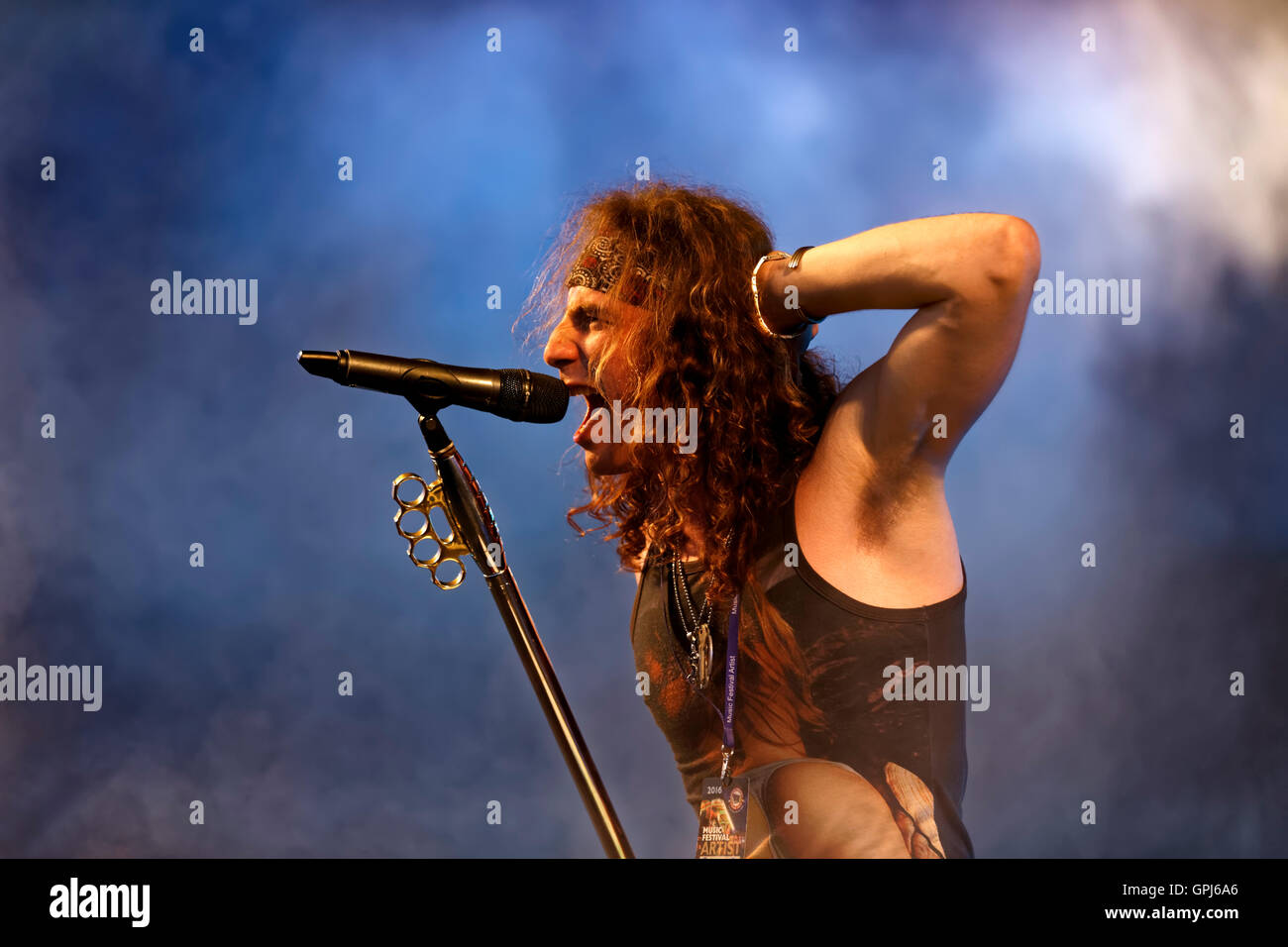 Rui Brito, lead vocalist of the Rock Band 'Saints of Sin' at the 2016 Great Dorset Steam Fair, Tarrant Hinton, Dorset, UK. Stock Photo