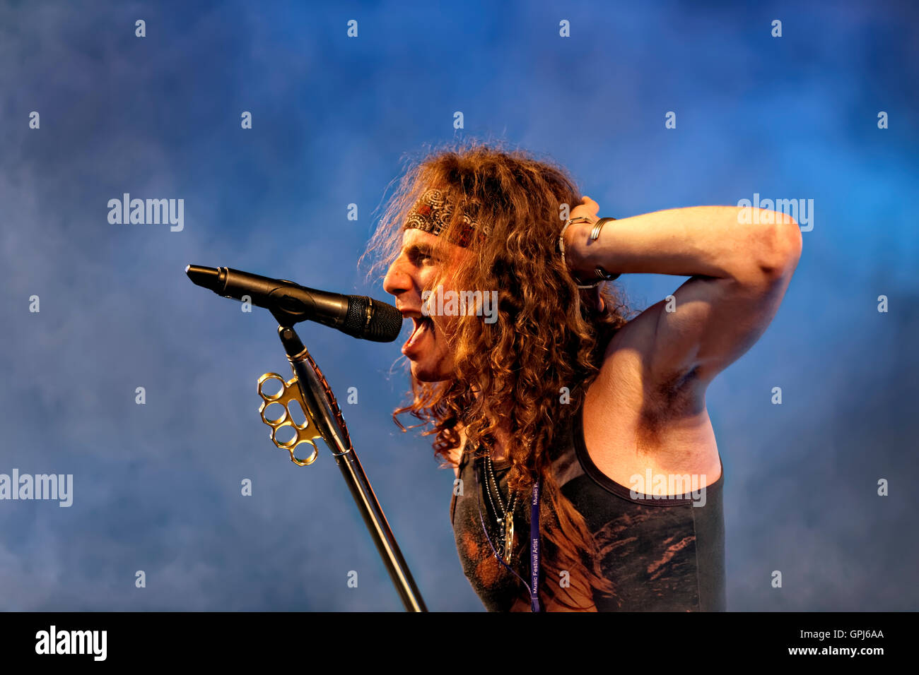 Rui Brito, lead vocalist of the Rock Band 'Saints of Sin' at the 2016 Great Dorset Steam Fair, Tarrant Hinton, Dorset, UK. Stock Photo