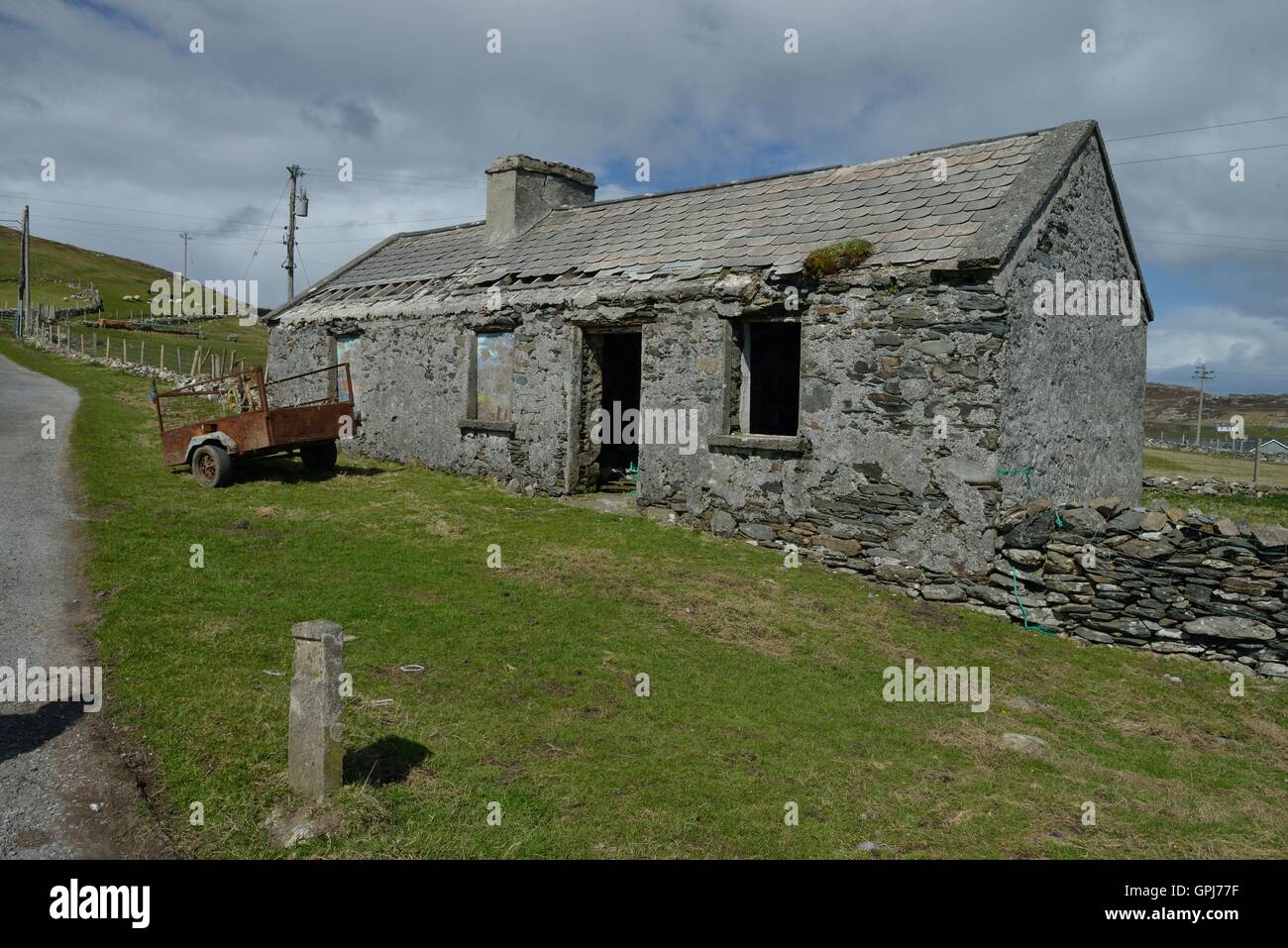 Stone Cottage Ruins on the island of Inishbofin, Left to the harsh weather conditions and the surrounding wildlife ,Galway, Connemarra, Stock Photo