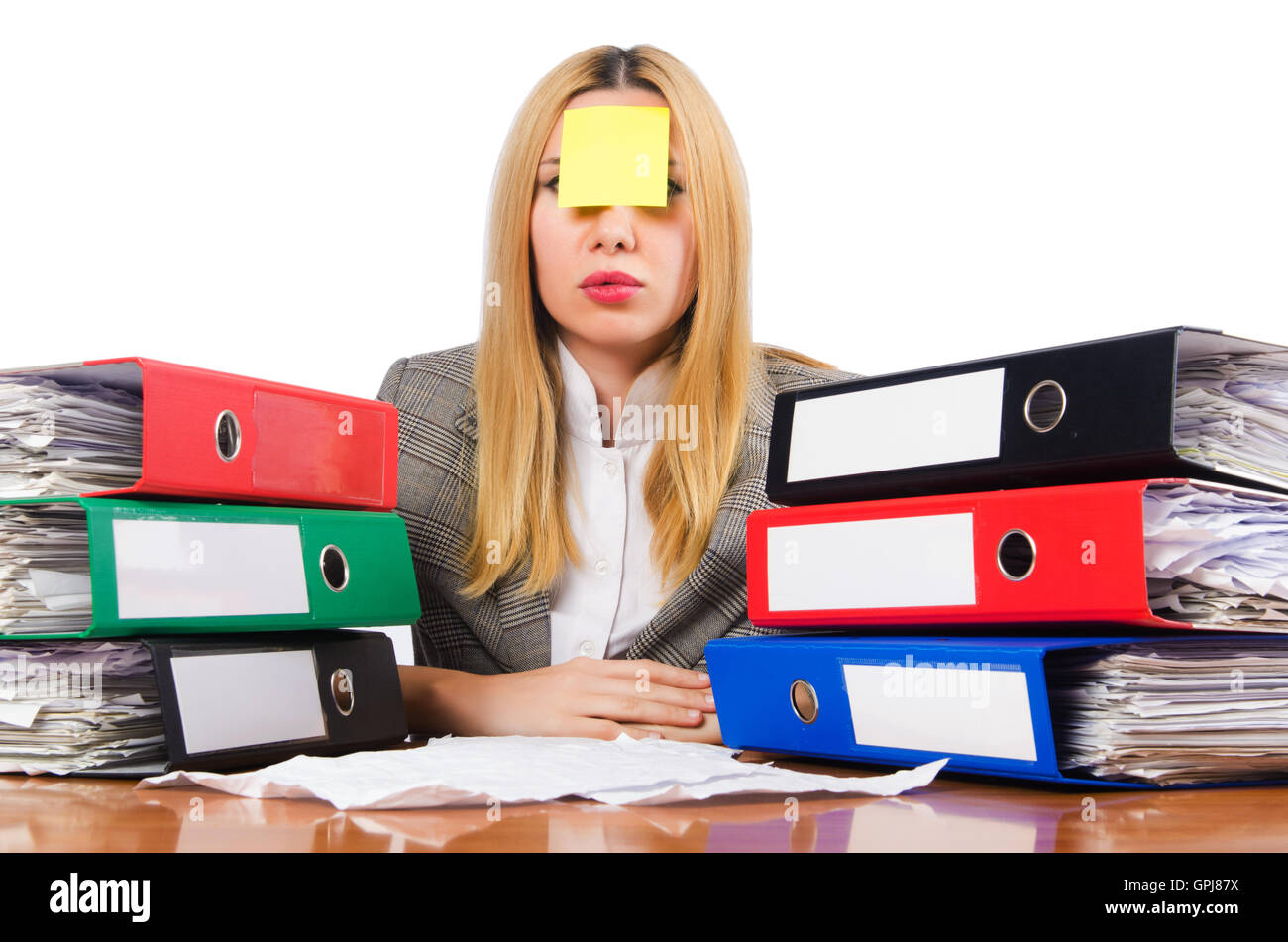 Busy woman with stacks of paper Stock Photo - Alamy