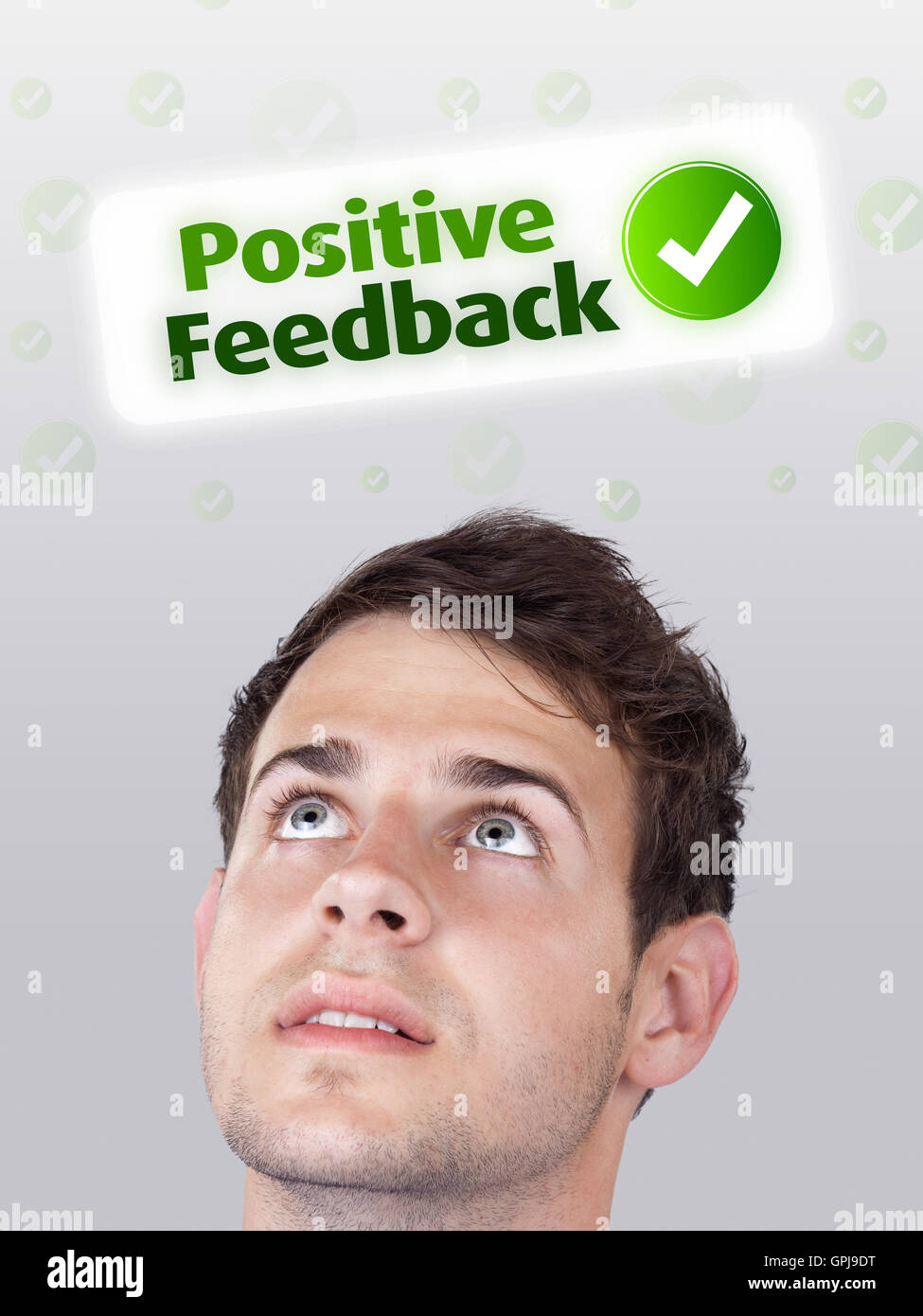 Young head looking at positive negative signs Stock Photo - Alamy