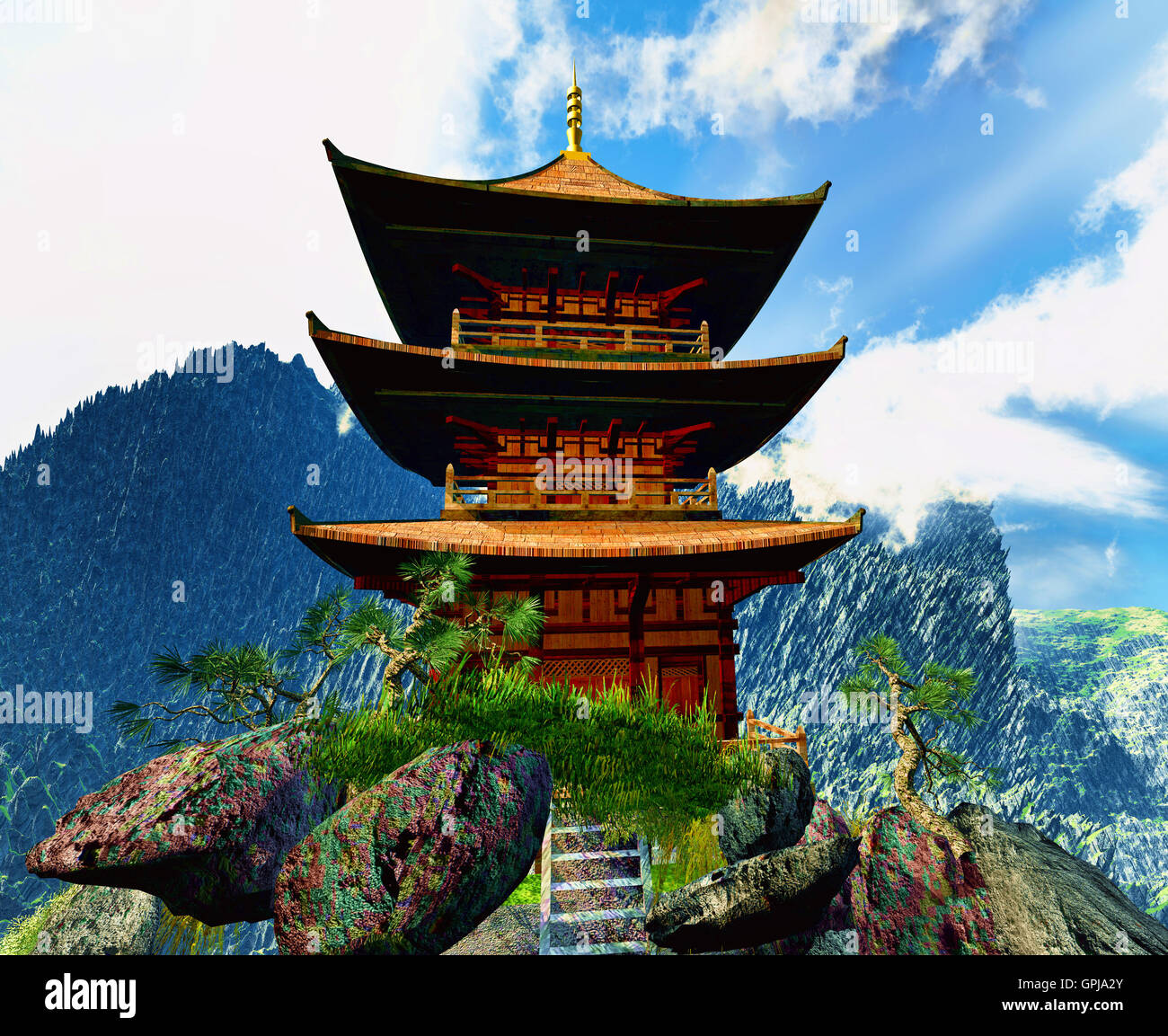 Buddhist temple in mountains Stock Photo