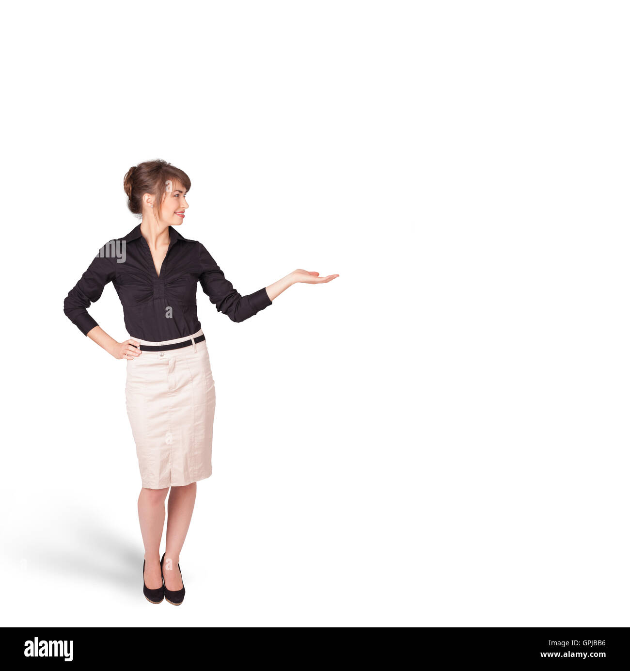 young woman presenting white copy space Stock Photo - Alamy