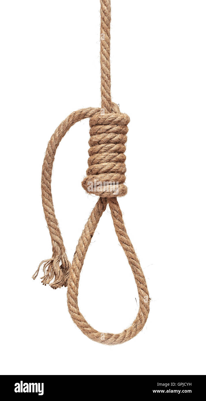 Hanging gallows rope with knot, isolated on white Stock Photo