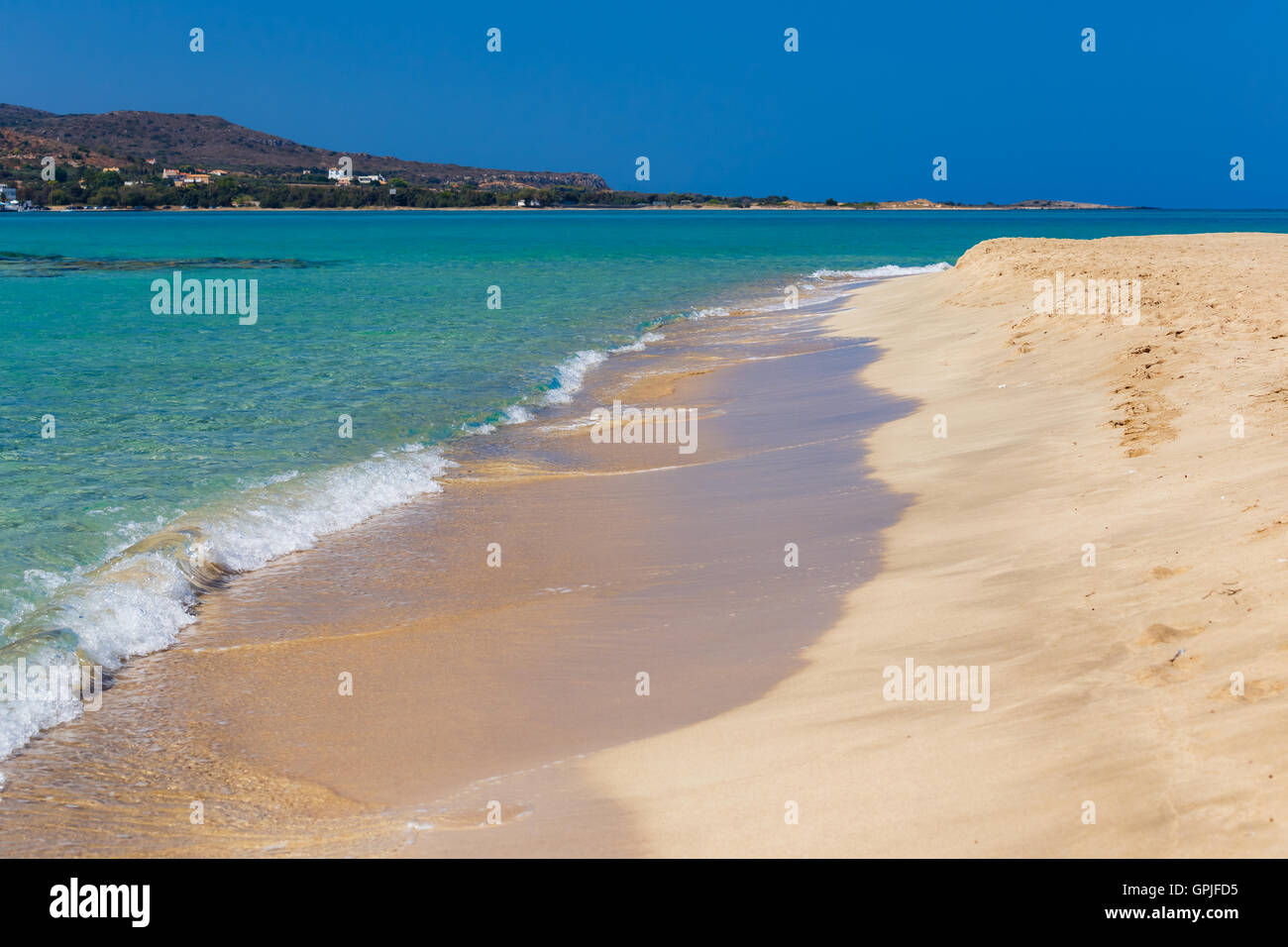 Punda exotic beach with Elafonisos island in distance in Lakonia, Peloponnese, Greece Stock Photo