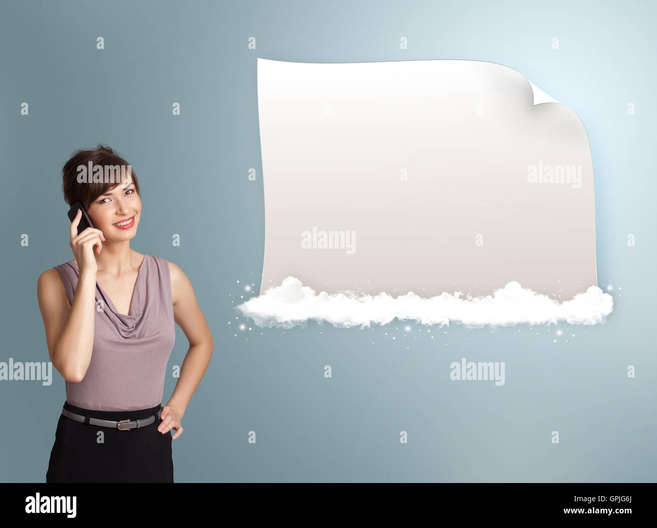 pretty woman making phone call and presenting modern copy space Stock ...