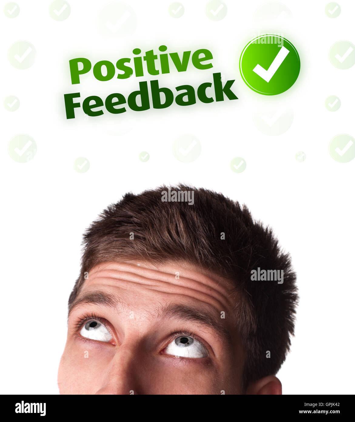 Young head looking at positive negative signs Stock Photo - Alamy