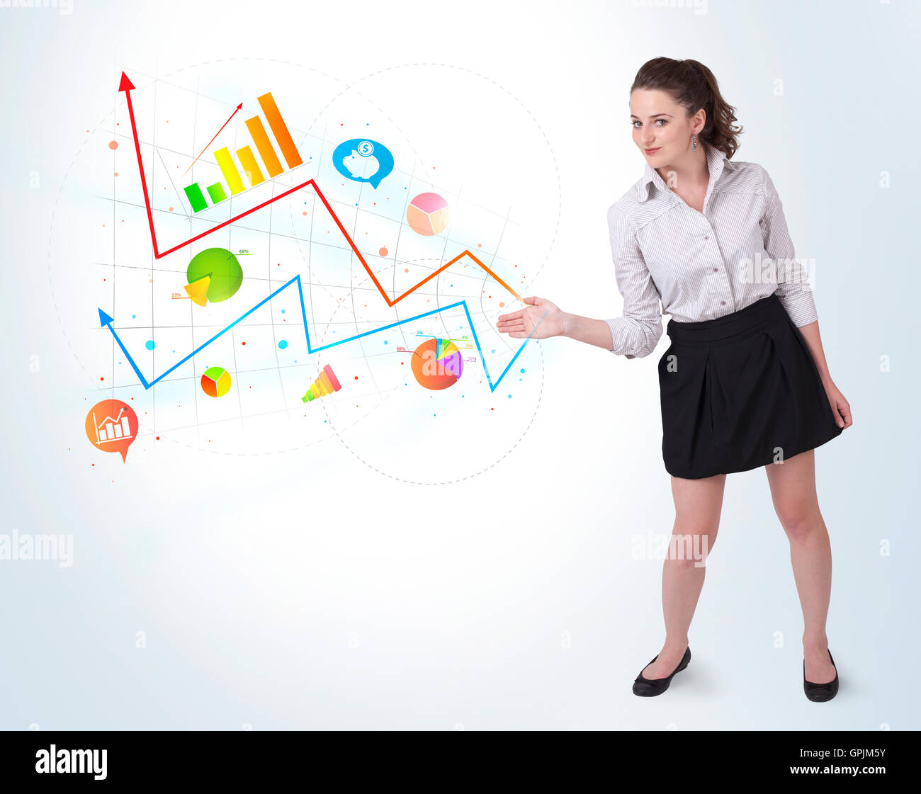 Young business woman presenting colorful charts and diagrams Stock ...