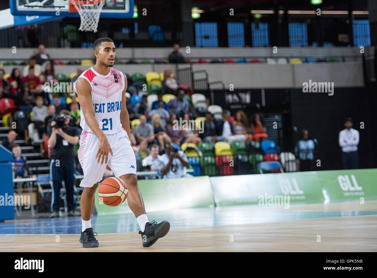 London, UK, 3 September 2016. GB men vs Fyr of Macedonia Alex Young (21) moves the basketball down the field. Credit: pmgimaging/Alamy Live News Stock Photo