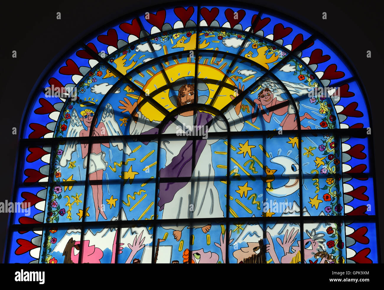 Essen, Germany. 3rd Sep, 2016. The worldwide unique Pop Art church windows  by Pop Art artist James Rizzi, installed at the Evangelic Kreuzeskirche  (Cross's Church) in the inner city of Essen, Germany,