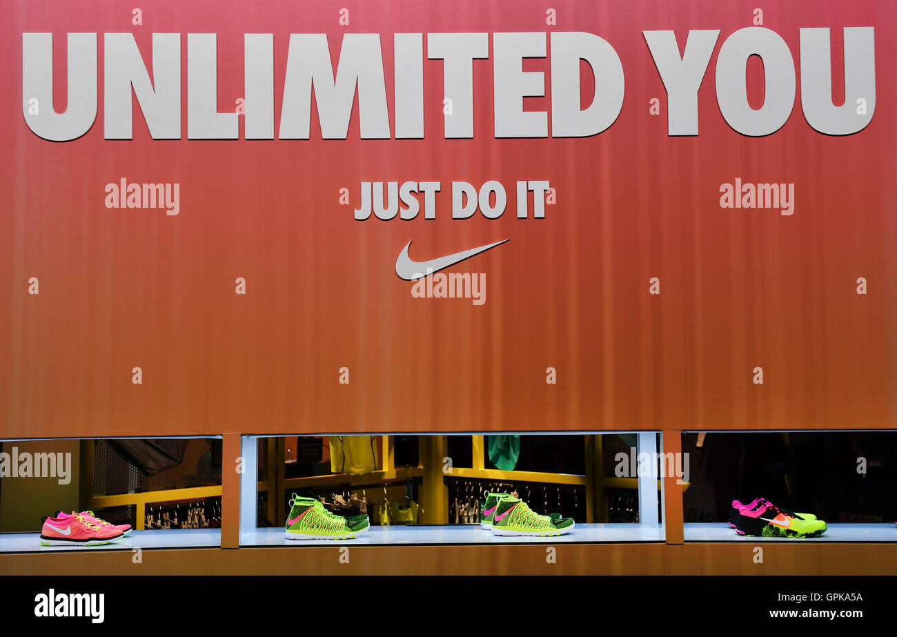 Berlin-Treptow, Germany. 3rd Sep, 2016. 'Unlimited You' and 'Just Do It'  can be read above the new shoes at the stand of Nike at the fashion fair  Bread and Butter at Arena