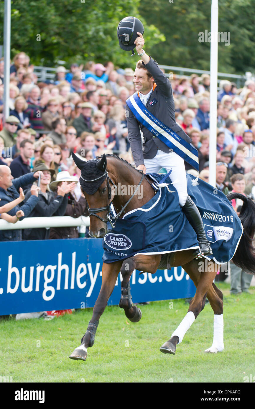Stamford, UK. 04th Sep, 2016. The Land Rover Burghley Horse Trials, Burghley House, Stamford, Lincolnshire, UK. 4th Sep, 2016. Cristopher Burton takes a lap of honour after winning the 2016 Land Rover Burghley Horse Trials Credit:  Trevor Holt/Alamy Live News Stock Photo