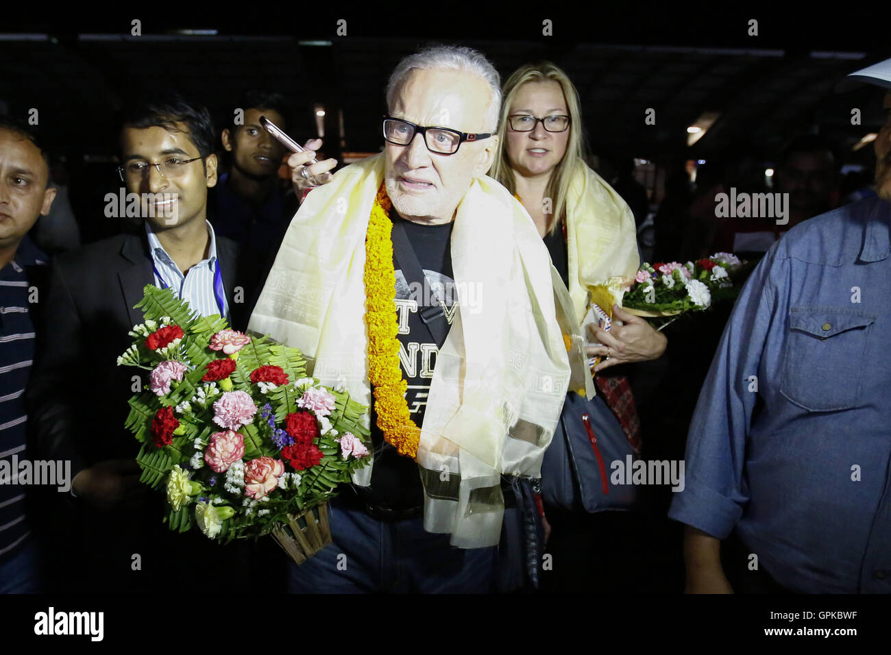 Kathmandu, Nepal. 4th Sep, 2016. Former NASA astronaut and one of the first persons to set foot on the moon, Buzz Aldrin, gestures as he arrives at Tribhuvan International Airport in Kathmandu, Nepal on Sunday, September 4, 2016. He was one of the first two humans to land on the Moon setting foot at 03:15:16 on July 21, 1969, during Apollo 11 mission, following commander Neil Armstrong. He is in Nepal to formally speak about his experience to the moon to mark National Science Day. © Skanda Gautam/ZUMA Wire/Alamy Live News Stock Photo