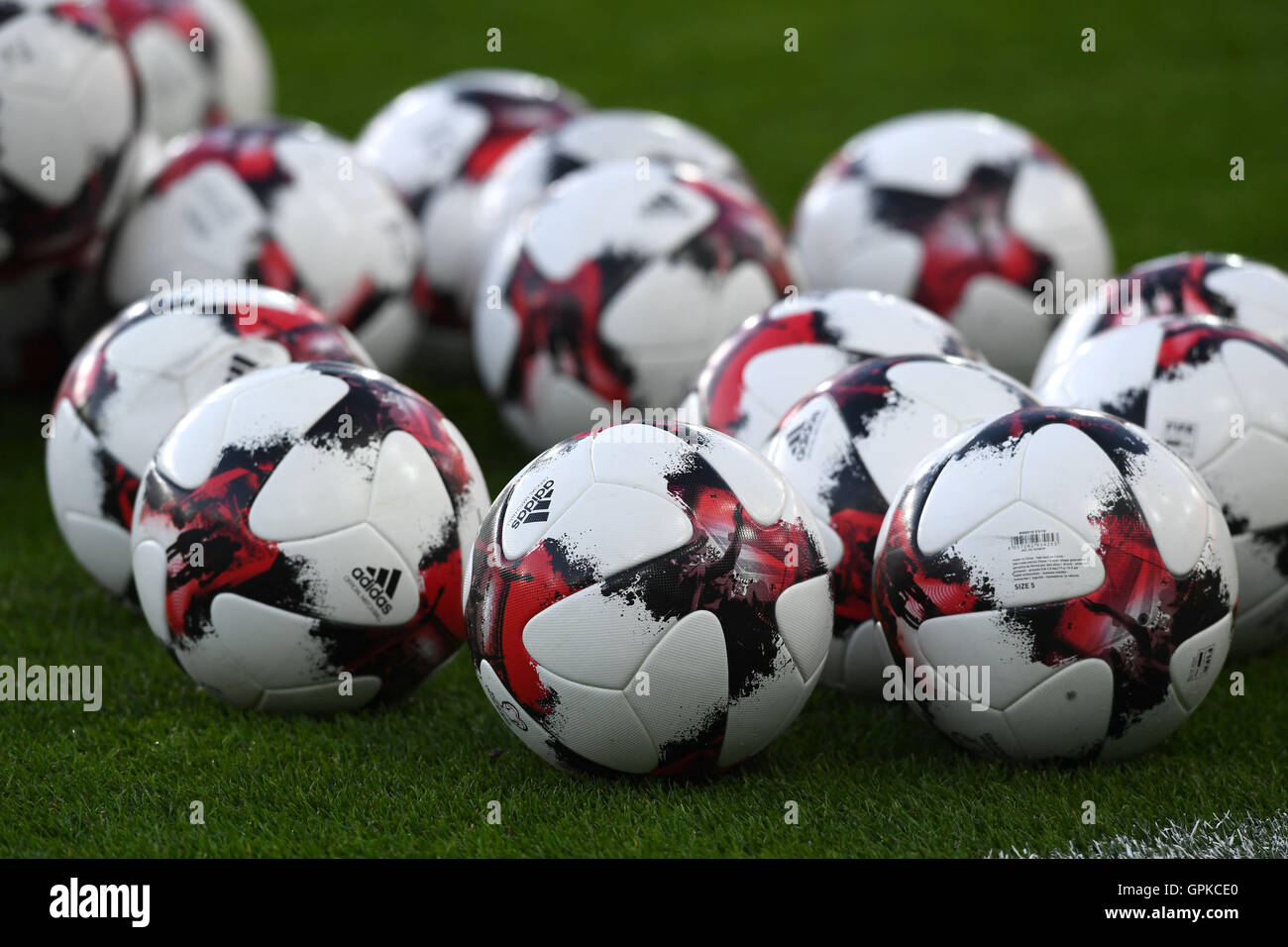 Oslo, Norway. 04th Sep, 2016. Official match balls from adidas on the pitch  before the FIFA World Cup Qualifiers Europe Group C soccer match between  Norway and Germany at the Ullevaal Stadium
