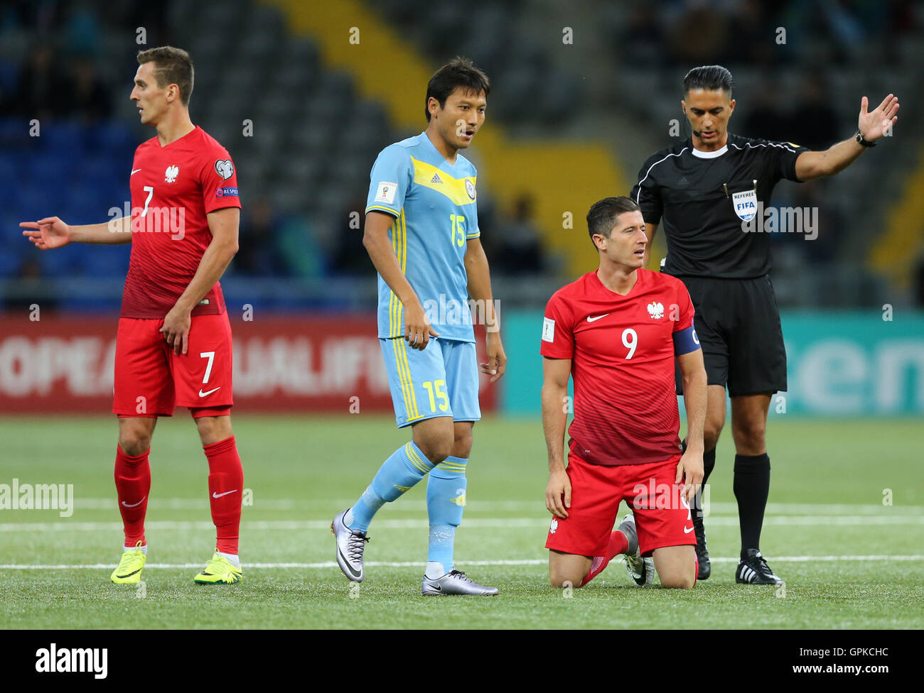 Astana, Kazakhstan. 4th September, 2016. Robert Lewandowski (POL), Arkadiusz Milik (POL), Maxat Baizhanov (KAZ), Kazakhstan versus Poland, FIFA World Cup 2018 qualifier. The game ended in a 2-2 draw Credit: Action Plus Sports Images/Alamy Live News Stock Photo