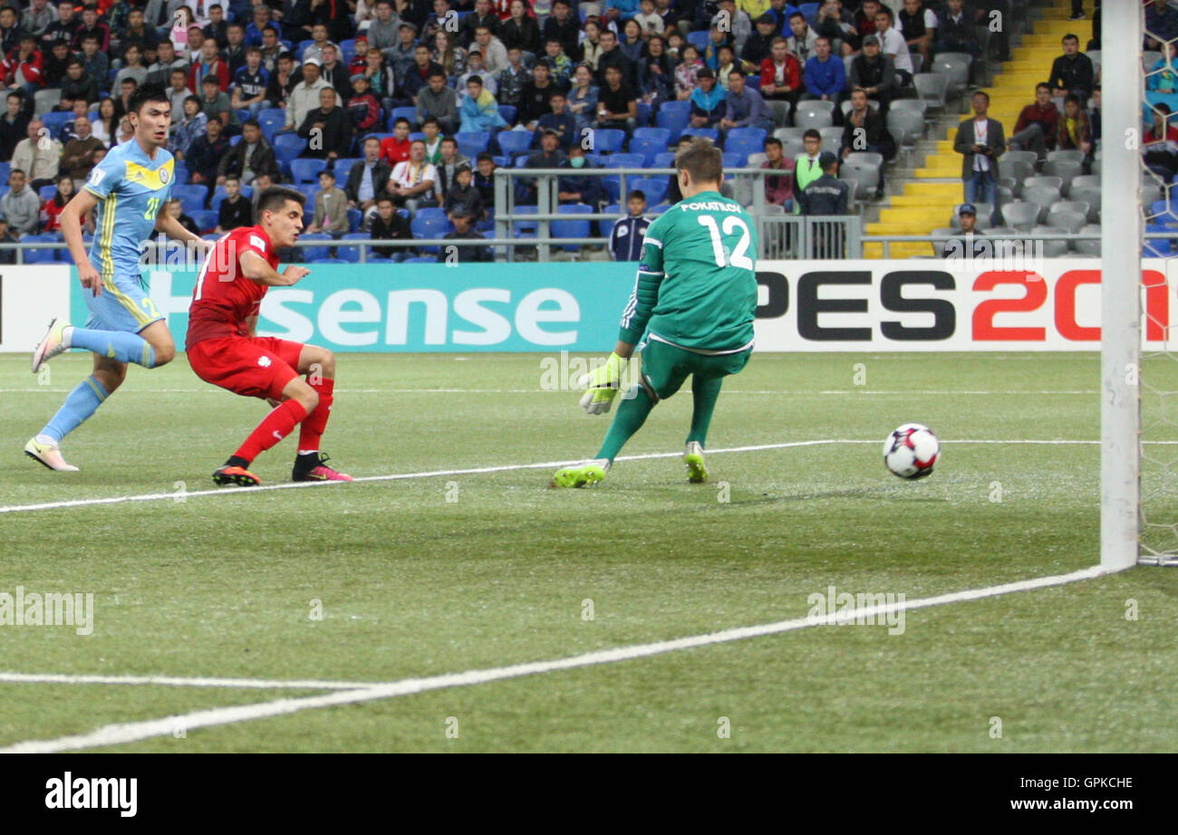 Astana, Kazakhstan. 4th September, 2016. Bartosz Kapustka (POL) scores for Poland. Kazakhstan versus Poland, FIFA World Cup 2018 qualifier. The game ended in a 2-2 draw Credit: Action Plus Sports Images/Alamy Live News Stock Photo