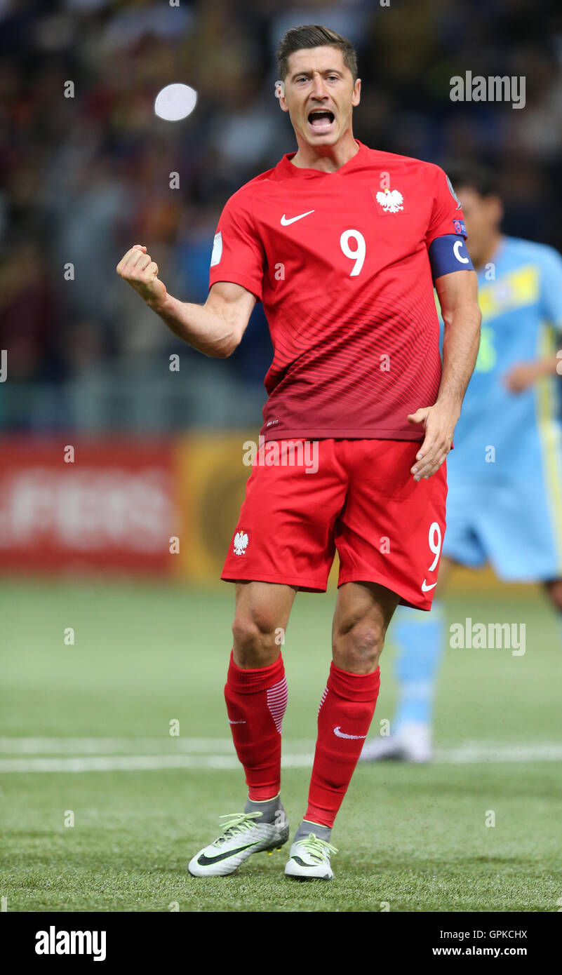 Astana, Kazakhstan. 4th September, 2016. Robert Lewandowski (POL) celebrates as he scores from the penalty spot for 0-2. Kazakhstan versus Poland, FIFA World Cup 2018 qualifier. The game ended in a 2-2 draw Credit: Action Plus Sports Images/Alamy Live News Stock Photo