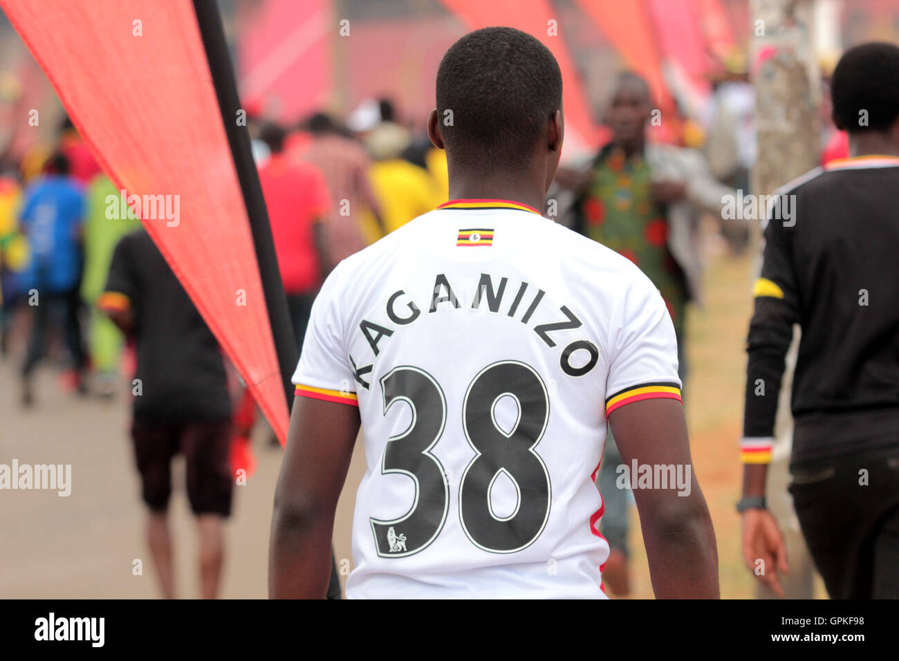 Kampala, Uganda. September 4, 2016. A Uganda Cranes fan dons the Uganda national soccer jersey depicting 38 years of limbo in the Africa Cup of Nations. Uganda ended the long wait after beating Comoros 1-0 to qualify for the finals due in Gabon next year. Credit:  Samson Opus/Alamy Live News Stock Photo