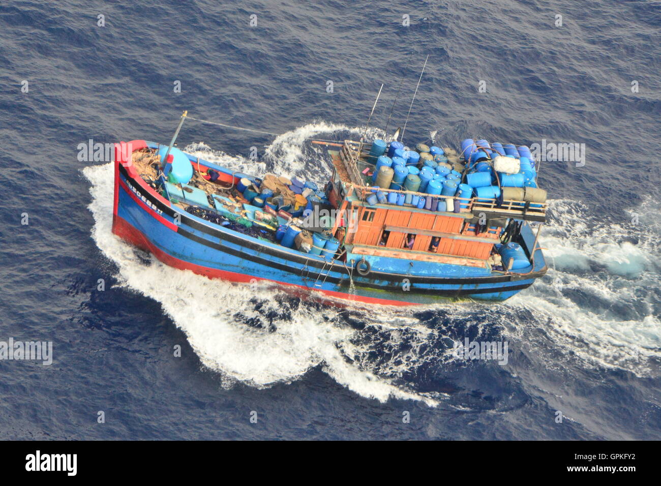 (160905) -- SYDNEY, Sept. 5, 2016 (Xinhua) -- An illegal foreign fishing vessel is seen at Dianne Bank, 250 nautical miles northeast of Cairns, Australia, Sept. 3, 2016. Maritime Border Command (MBC) within the Australian Border Force (ABF) and the Australian Fisheries Management Authority (AFMA) apprehended Saturday a foreign fishing vessel, believed to be Vietnamese, suspected of illegally fishing in Australian waters. The vessel was intercepted near Dianne Bank, approximately 250 nautical miles to the northeast of Cairns, and 136 nautical miles within Australia's fishing zone. The vessel an Stock Photo