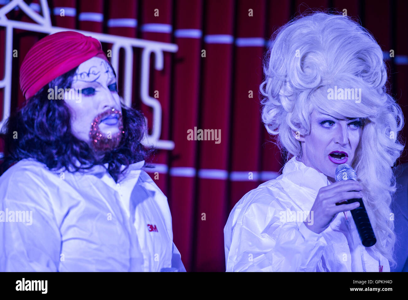 London, UK. 4th September, 2016. Denim perform on the opening weekend of revamped live entertainment venue - The Crazy Coqs, Live at Zedel - Denim,Glamrou La Denim, Crystal Vaginova, Electra Cute, Shirley Du Naughty & Aphrodite Jones, are a Cambridge founded musical comedy drag troope who last summer performed with Florence and The Machine at Glastonbury. Credit:  Guy Bell/Alamy Live News Stock Photo