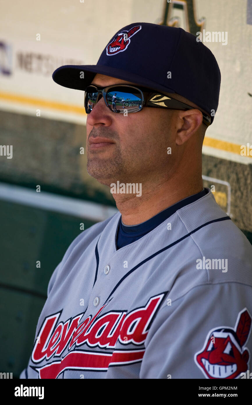 April 24, 2010; Oakland, CA, USA;  Cleveland Indians manager Manny Acta (11) before the game against the Oakland Athletics at Oakland-Alameda County Coliseum.  Cleveland defeated Oakland 6-1. Stock Photo