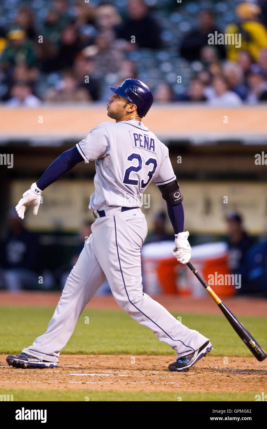 May 7, 2010; Oakland, CA, USA;  Tampa Bay Rays first baseman Carlos Pena (23) during the fourth inning against the Oakland Athletics at Oakland-Alameda County Coliseum. Tampa Bay defeated Oakland 4-1. Stock Photo