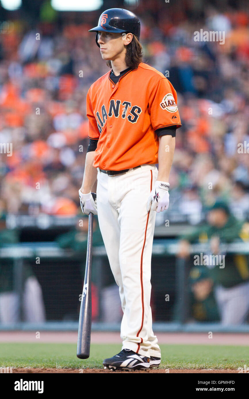 June 11, 2010; San Francisco, CA, USA; San Francisco Giants starting  pitcher Tim Lincecum (55) at bat against the Oakland Athletics during the  second inning at AT&T Park Stock Photo - Alamy