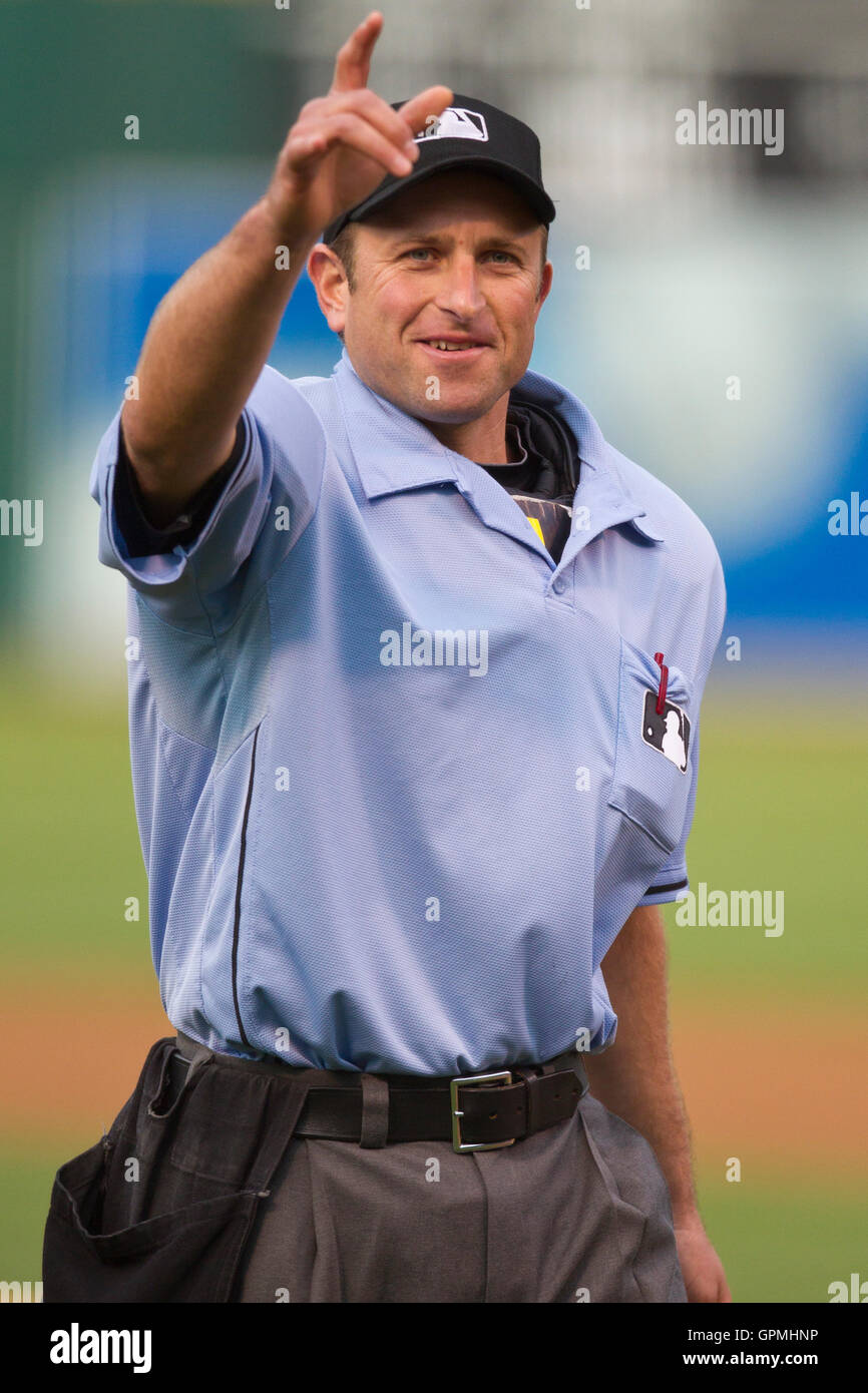 June 22, 2010; Oakland, CA, USA;  Home plate umpire Chris Guccione (68) during the first inning of the game between the Cincinnat Reds and the Oakland Athletics at Oakland-Alameda County Coliseum.  Cincinnati defeated Oakland 4-2. Stock Photo