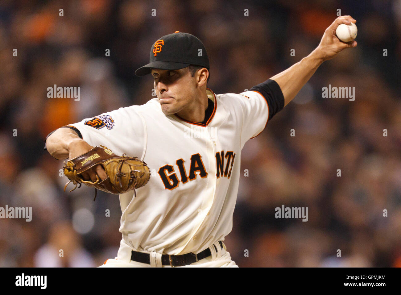 May 11, 2011; San Francisco, CA, USA;  San Francisco Giants relief pitcher Javier Lopez (49) pitches against the Arizona Diamondbacks during the eighth inning at AT&T Park. Stock Photo