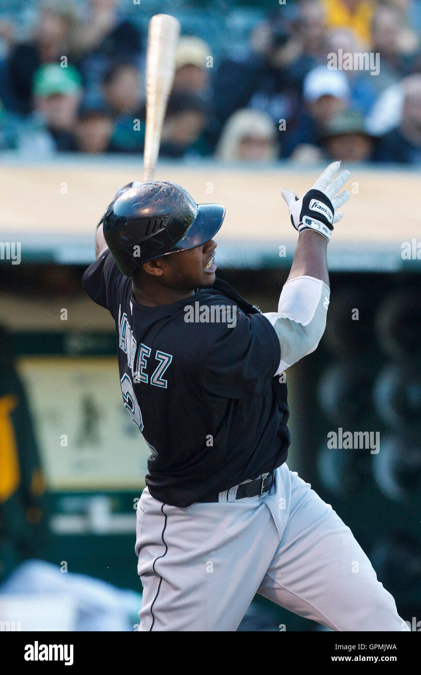 June 29, 2011; Oakland, CA, USA; Florida Marlins shortstop Hanley Ramirez (2) hits a two run home run against the Oakland Athletics during the first inning the game at the O.co Coliseum. Stock Photo