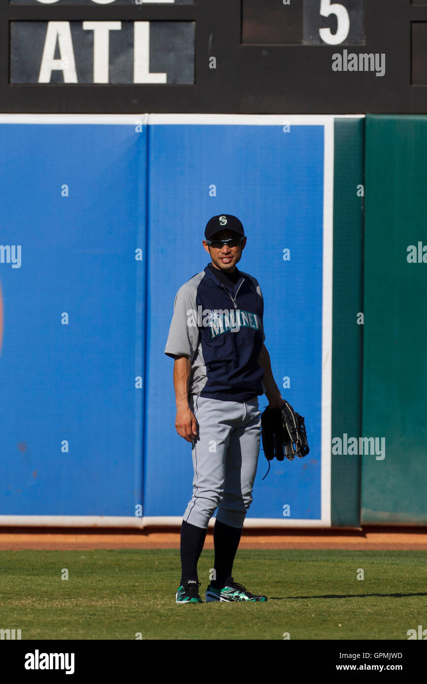July 5, 2011; Oakland, CA, USA; Seattle Mariners right fielder Ichiro Suzuki (51) warms up in