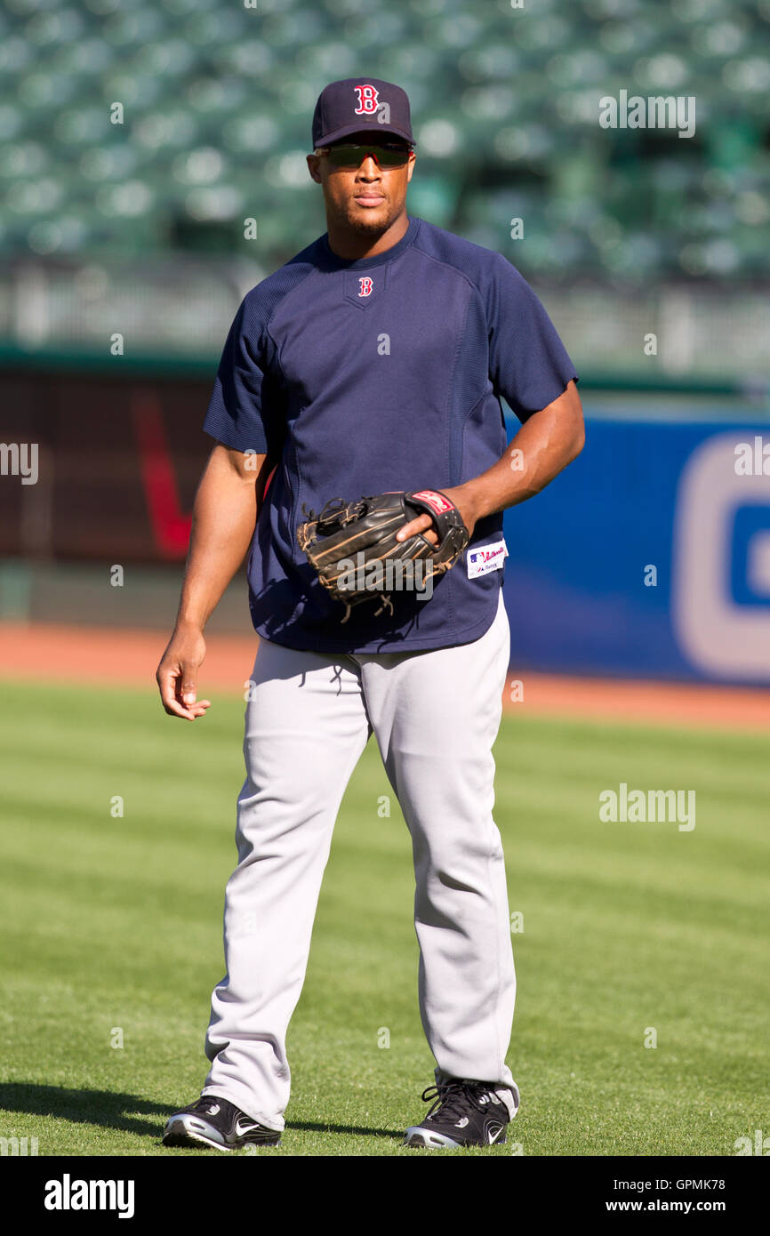 July 19, 2010; Oakland, CA, USA;  Boston Red Sox third baseman Adrian Beltre (29) before the game against the Oakland Athletics at Oakland-Alameda County Coliseum. Boston defeated Oakland 2-1. Stock Photo
