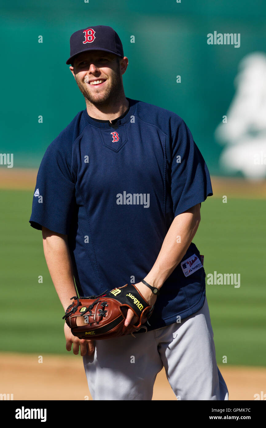 July 19, 2010; Oakland, CA, USA;  Boston Red Sox second baseman Dustin Pedroia (15) before the game against the Oakland Athletics at Oakland-Alameda County Coliseum. Boston defeated Oakland 2-1. Stock Photo