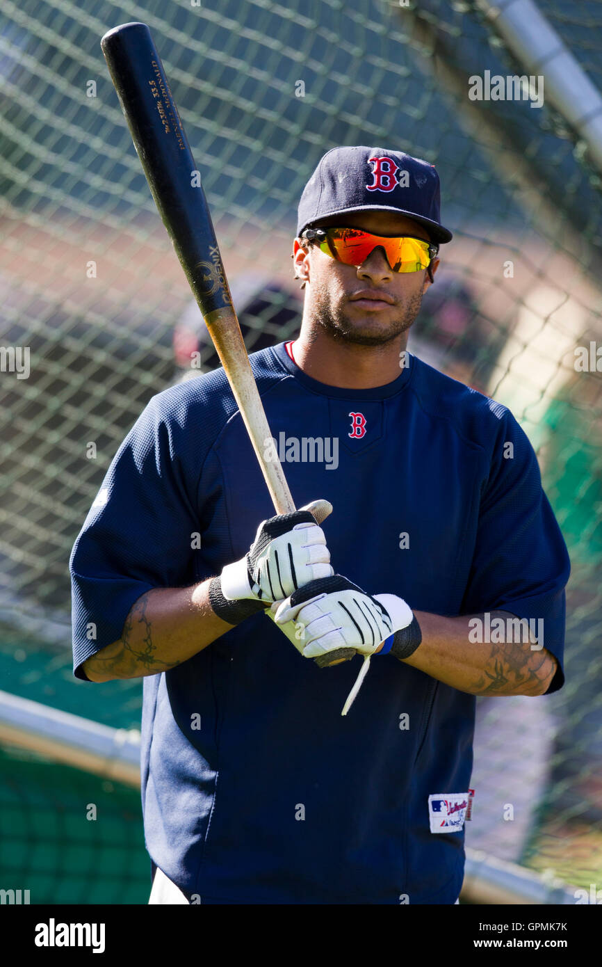 July 19, 2010; Oakland, CA, USA;  Boston Red Sox center fielder Darnell McDonald (54) before the game against the Oakland Athletics at Oakland-Alameda County Coliseum. Boston defeated Oakland 2-1. Stock Photo