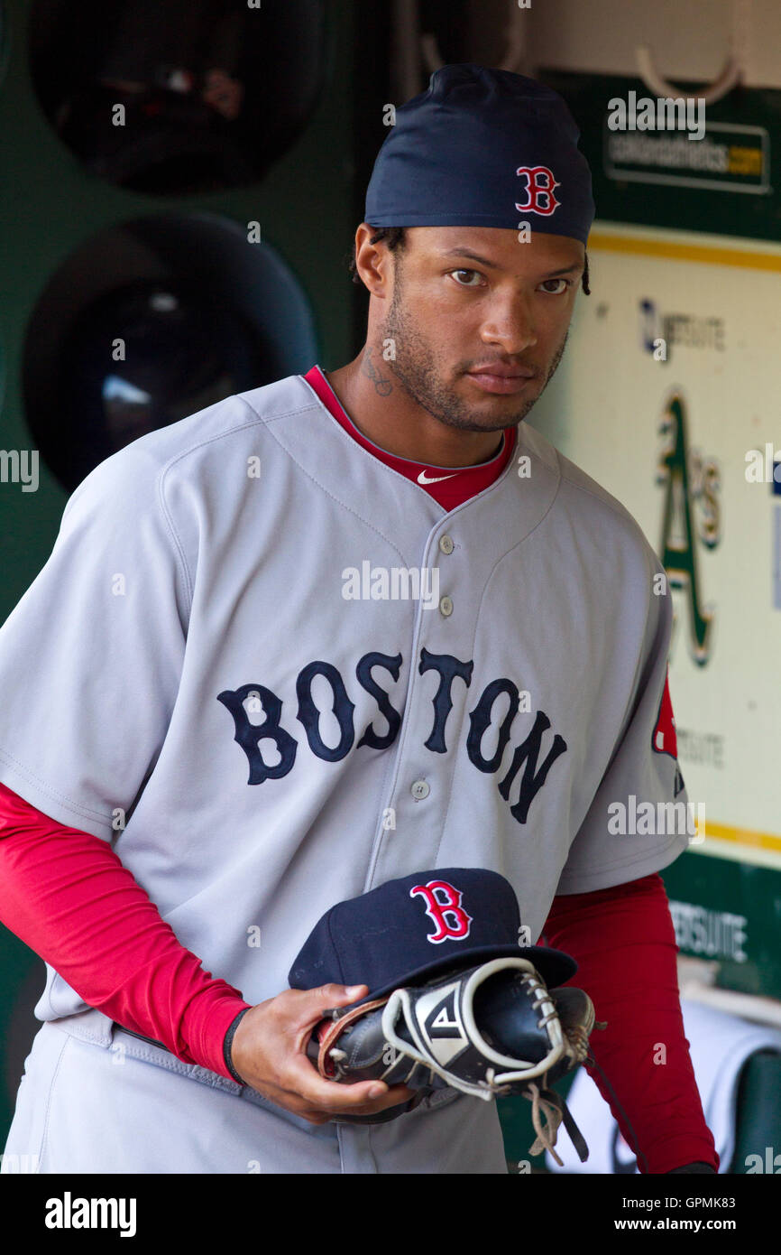 July 19, 2010; Oakland, CA, USA;  Boston Red Sox center fielder Darnell McDonald (54) before the game against the Oakland Athletics at Oakland-Alameda County Coliseum. Boston defeated Oakland 2-1. Stock Photo