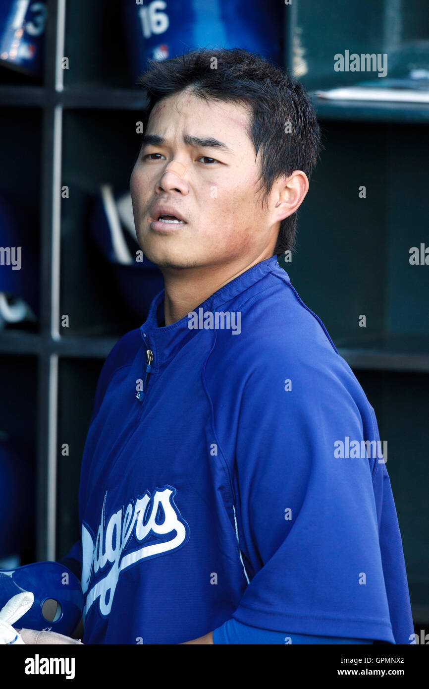 September 14, 2010; San Francisco, CA, USA;  Los Angeles Dodgers shortstop Chin-lung Hu (60) in the dugout before the game against the San Francisco Giants at AT&T Park. Stock Photo