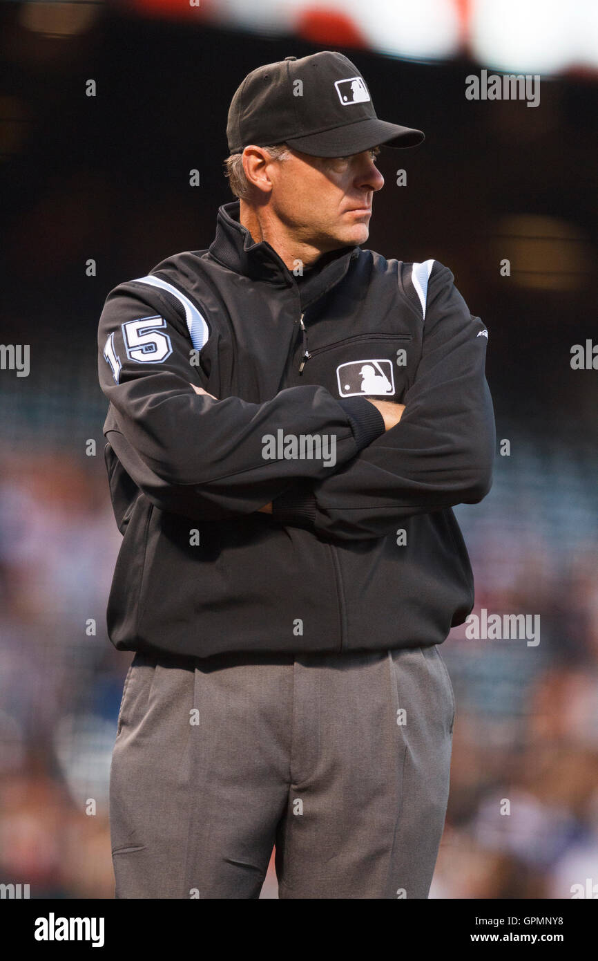 September 14, 2010; San Francisco, CA, USA;  Major League umpire Ed Hickox (15) during the first inning of the game between the San Francisco Giants and the Los Angeles Dodgers at AT&T Park. Los Angeles defeated San Francisco 1-0. Stock Photo