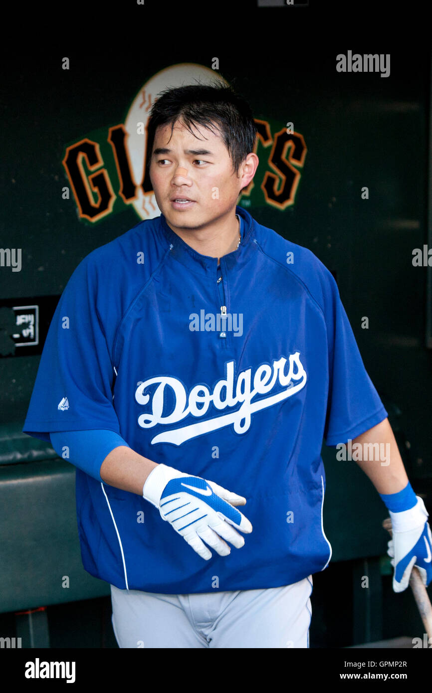 September 15, 2010; San Francisco, CA, USA;  Los Angeles Dodgers shortstop Chin-lung Hu (60) in the dugout before the game against the San Francisco Giants at AT&T Park.  San Francisco defeated Los Angeles 2-1. Stock Photo