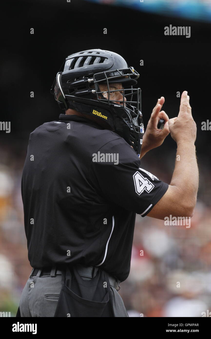 September 19, 2010; San Francisco, CA, USA;  Home plate umpire Kerwin Danley (44) signals for a full count during the seventh inning of the game between the San Francisco Giants and the Milwaukee Brewers at AT&T Park.  San Francisco defeated Milwaukee 9-2 Stock Photo