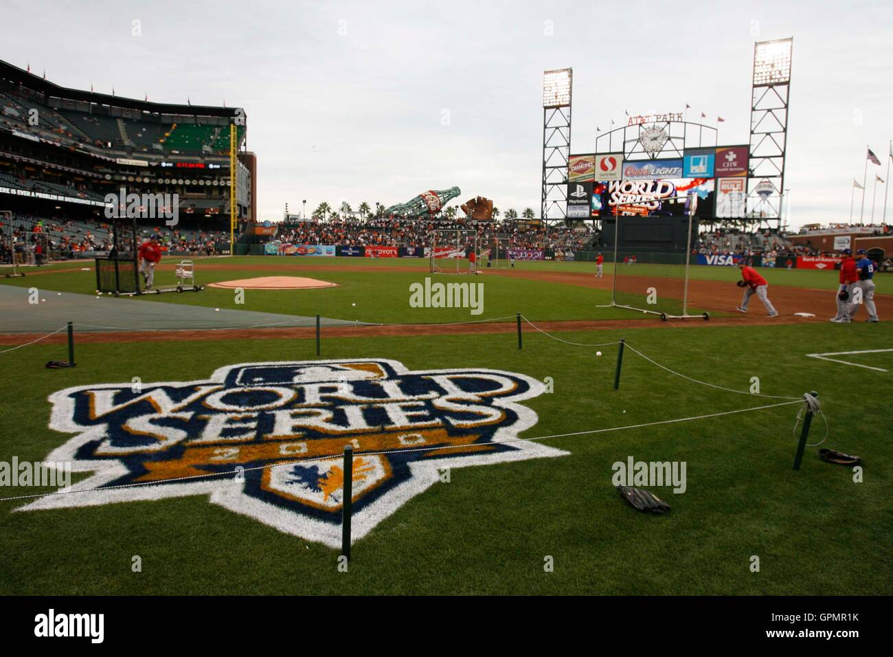 Oct 27, 2010; San Francisco, CA, USA; A general view as the Texas Rangers warm up before game one of the 2010 World Series against the San Francisco Giants at AT&T Park. Stock Photo