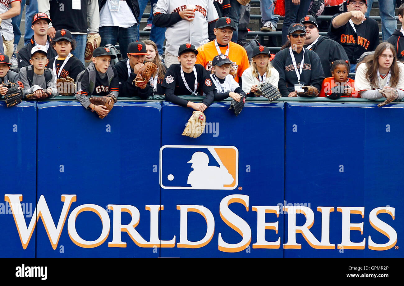 October 27, 2010; San Francisco, CA, USA;  Young fans watch batting practice before game one of the 2010 World Series between the San Francisco Giants and the Texas Rangers at AT&T Park. Stock Photo