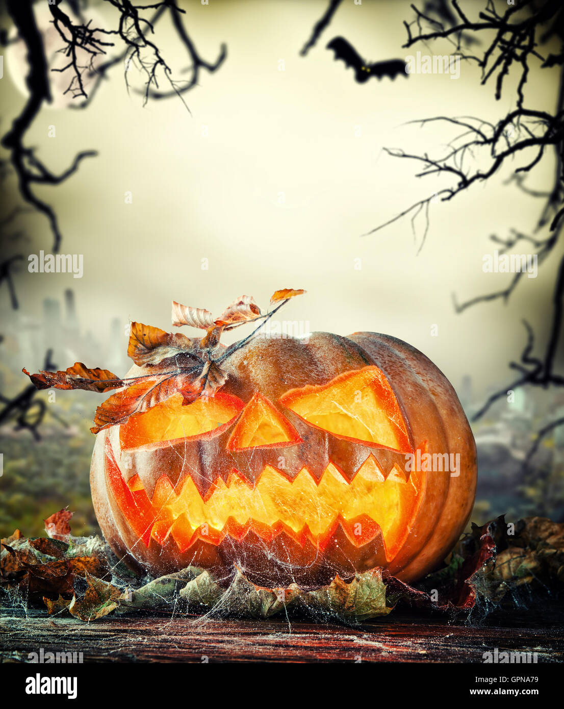 Scary halloween pumpkin with horror background. Empty space for text