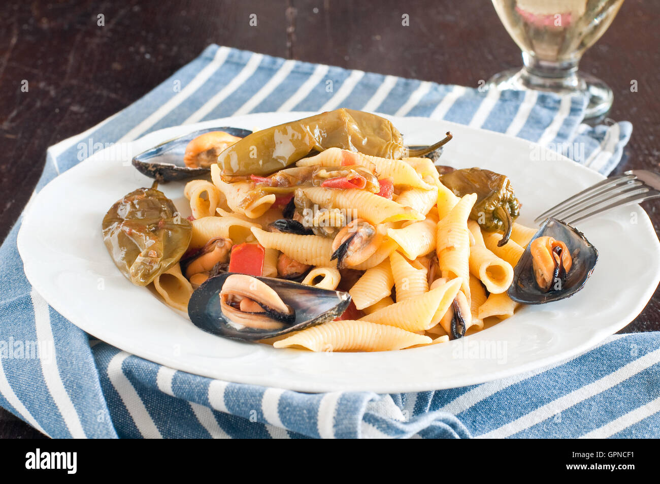 Garganelli , typical Italian pasta of the , with mussels Stock