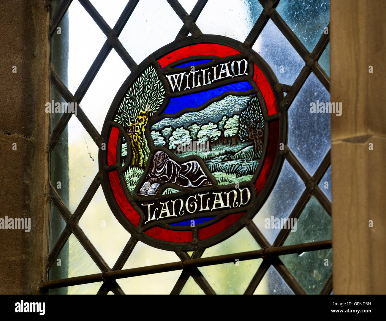 William Landland stained glass, Little Malvern Priory, Worcestershire, England, UK Stock Photo