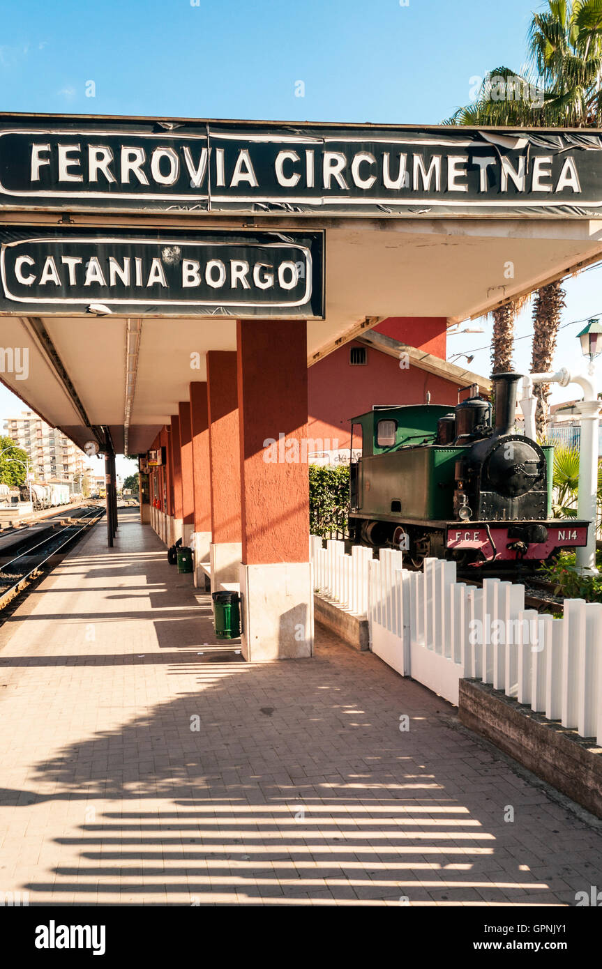 This is the station to catch the Ferrovia Circumetnea, the train that goes around Mount.Etna Stock Photo