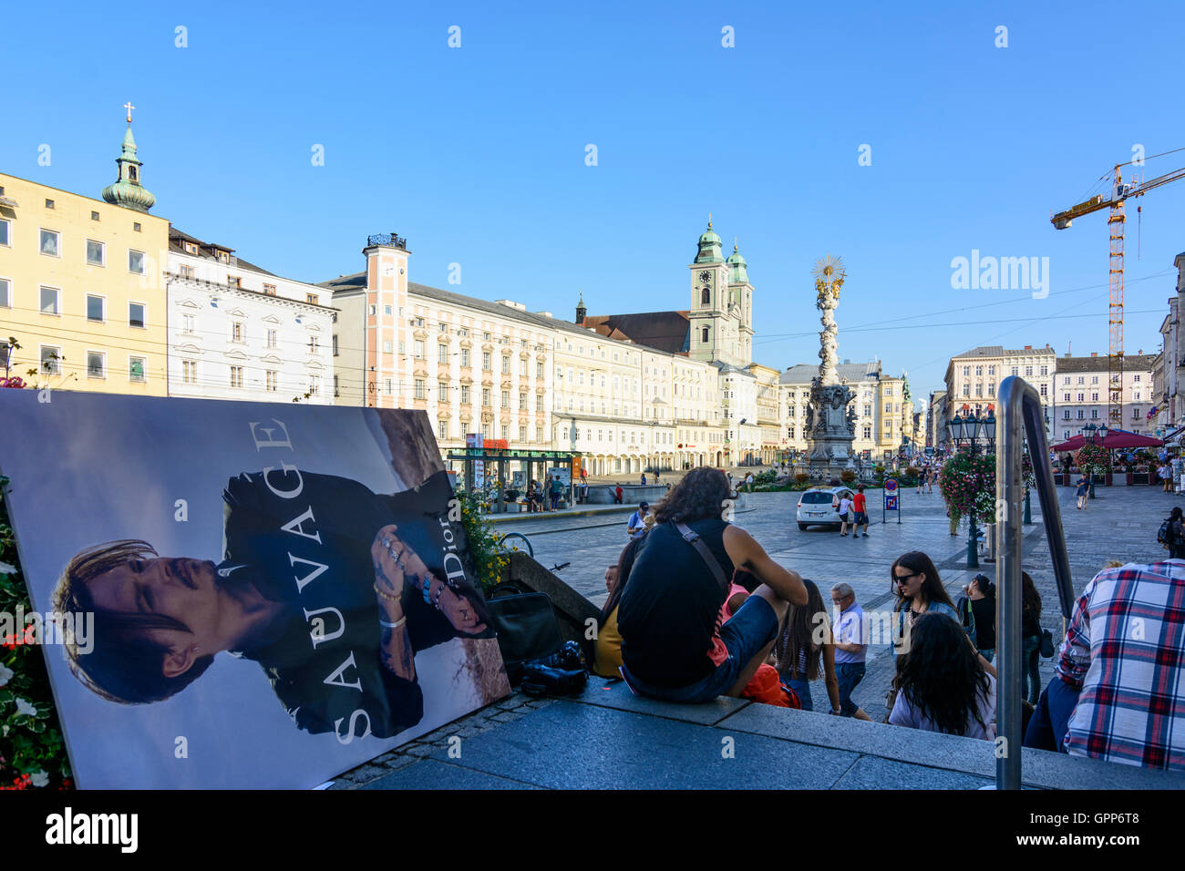 Hauptplatz (main square), Dreieinigkeitssäule (Trinity Column), Alter Dom (Old Cathedral), poster in Linz, , Oberösterreich, Upp Stock Photo