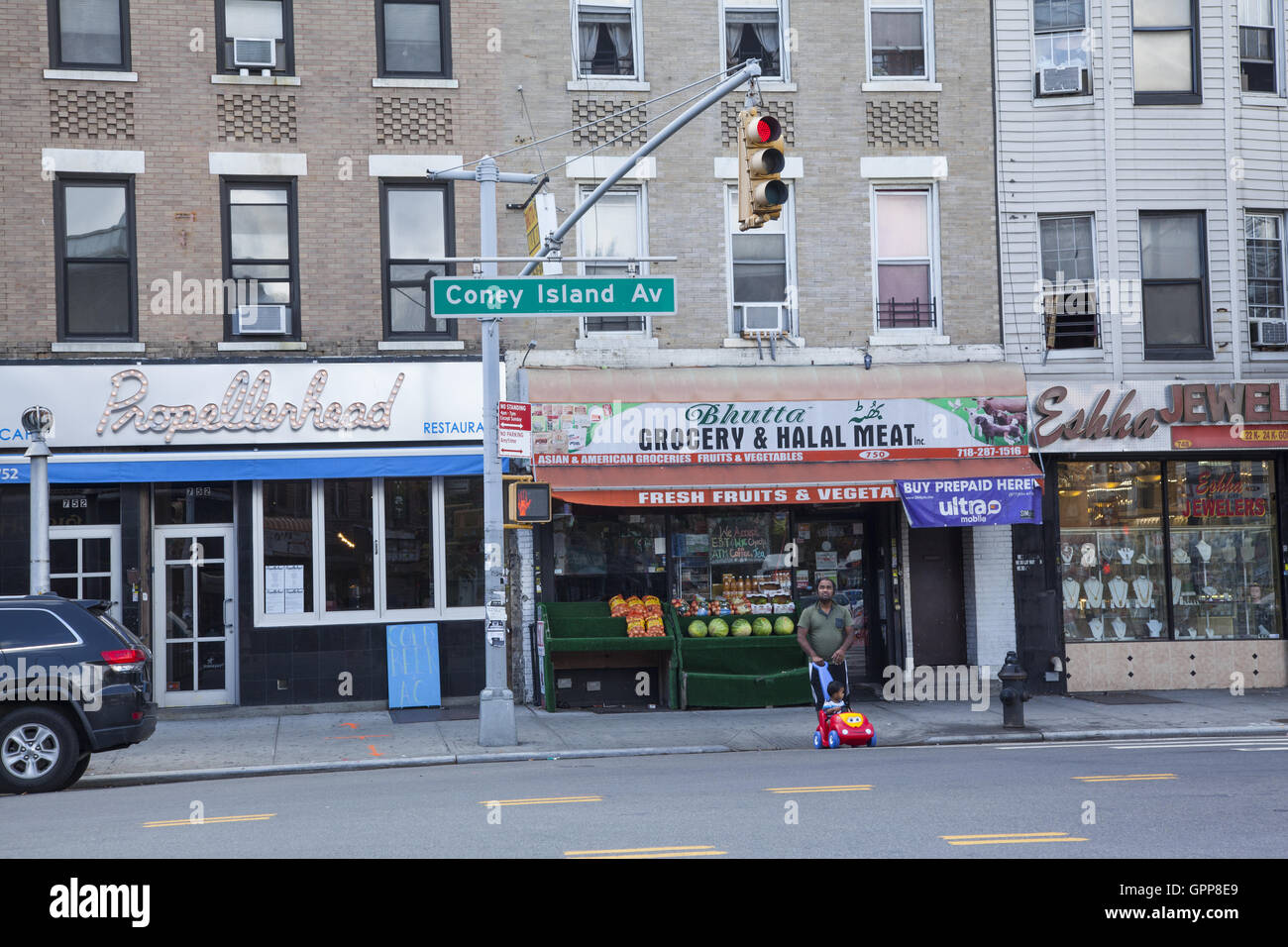 Market advertising Halal meat in the Pakistani neighborhood along Coney Island Avenue in Brooklyn, NY. Stock Photo