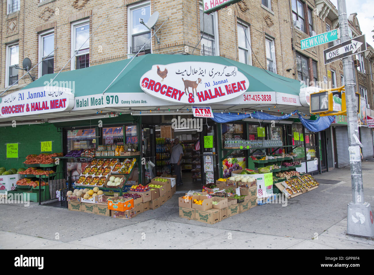 Market advertising Halal meat in the Pakistani neighborhood along Coney Island Avenue in Brooklyn, NY. Stock Photo