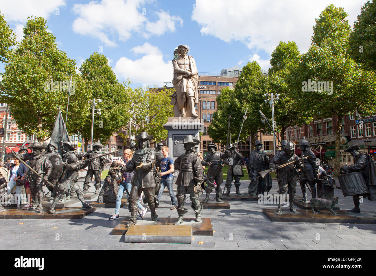 Sculpture of the dutch painter Rembrandt with and installation of Night