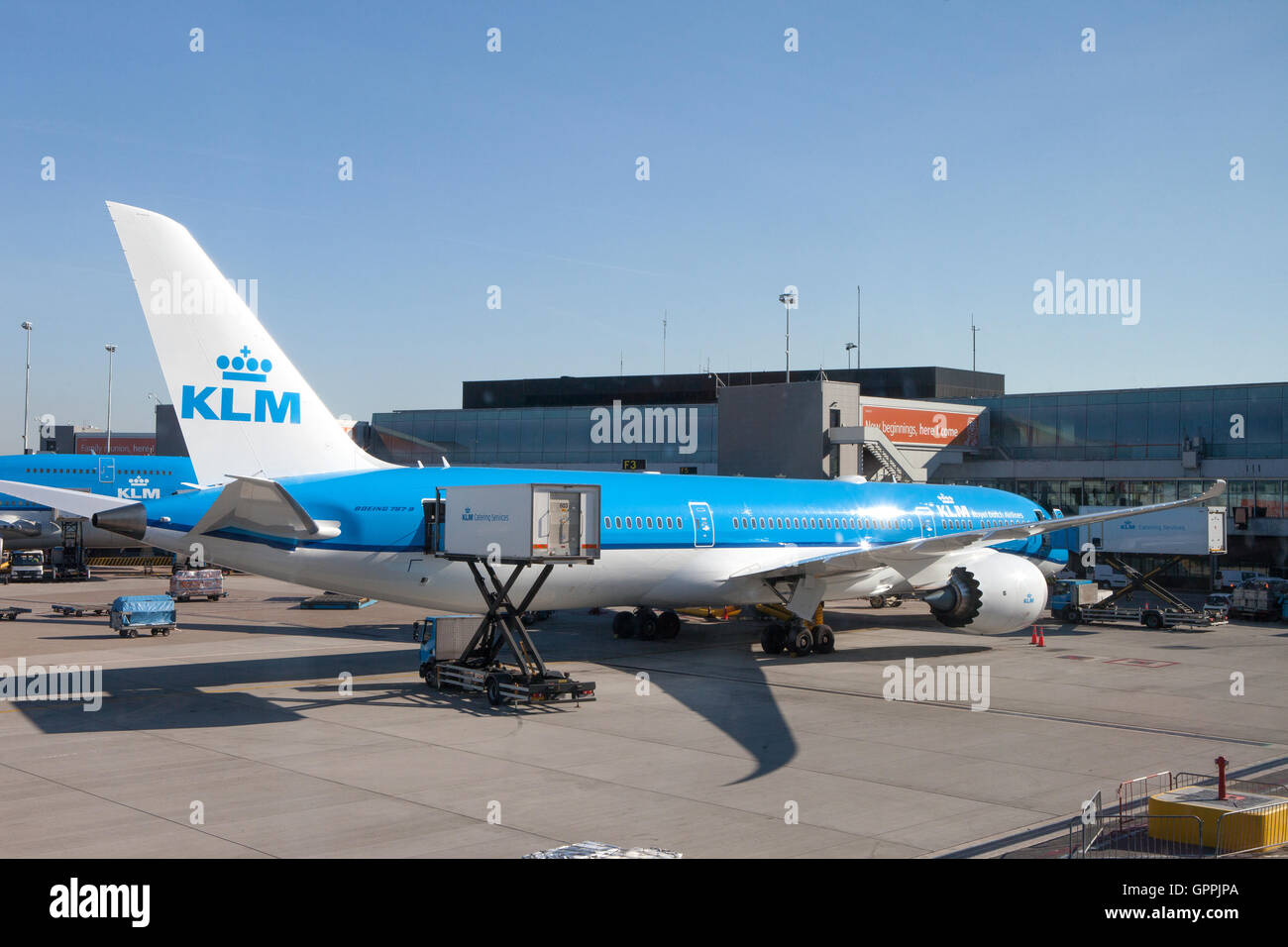 KLM Boeing 747 parked at Amsterdam's Schiphol airport, KLM's home airport. Stock Photo
